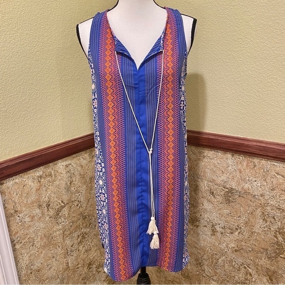 Soprano Dress Sleeveless Mandala Print With Stripes Tassels Size Medium Blue - Picture 6 of 6